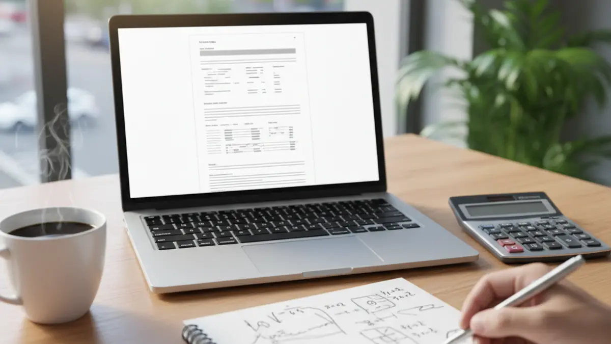 Schreibtisch eines Selbstständigen mit Laptop, auf dem ein professionelles Angebot erstellt wird, sowie Notizen und einem Taschenrechner.