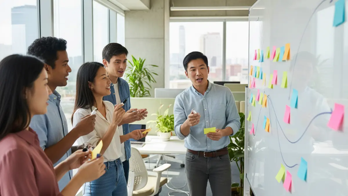 Ein diverses Team von Gründern bei der kreativen Ideenfindung für einen Firmennamen an einem Whiteboard im Büro.