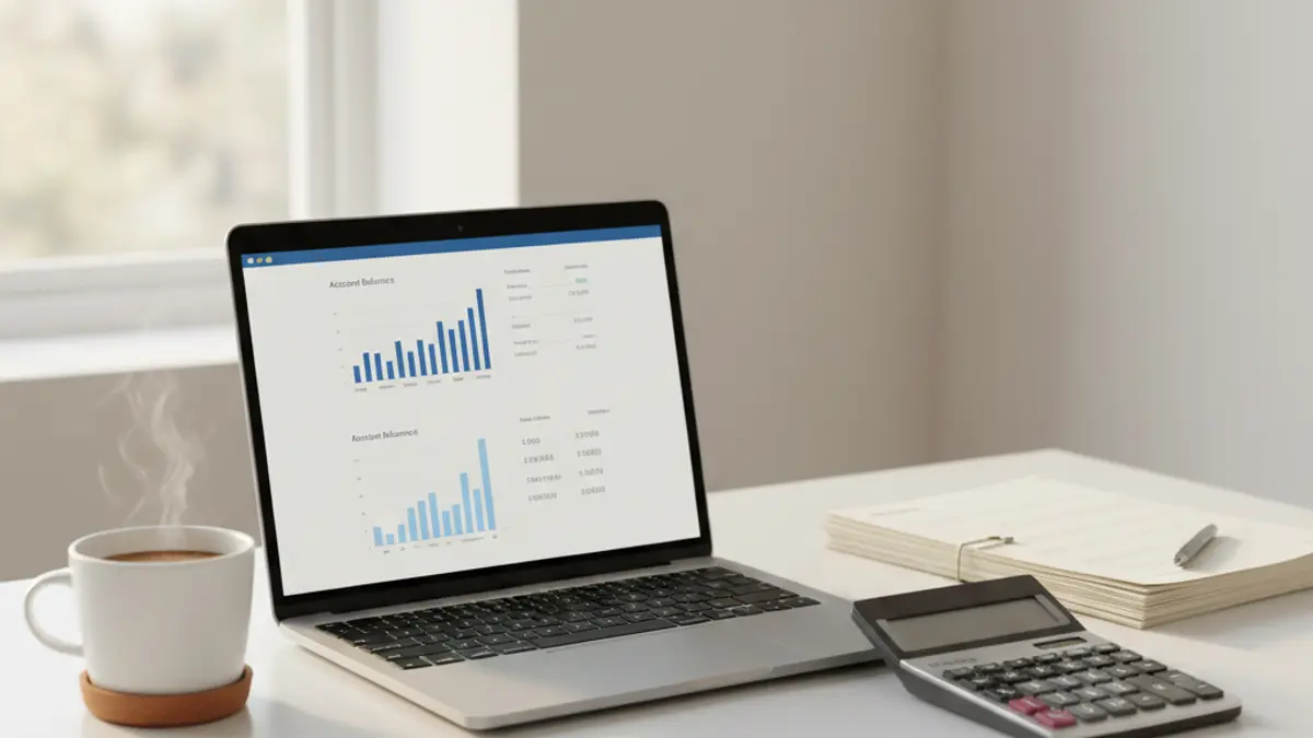 Ein aufgeräumter Schreibtisch mit Laptop, der eine Banking-Oberfläche zeigt, symbolisiert die Wichtigkeit eines separaten Geschäftskontos.