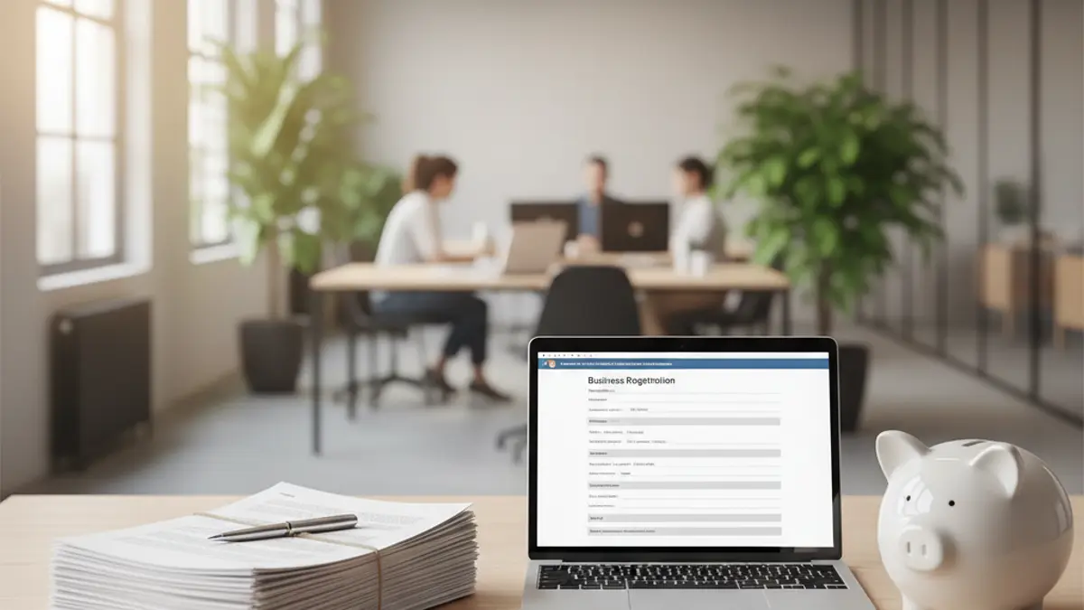 Schreibtisch mit Dokumenten, einem Laptop und einem Sparschwein, die die administrativen und finanziellen Kosten bei der Gründung einer GmbH symbolisieren.