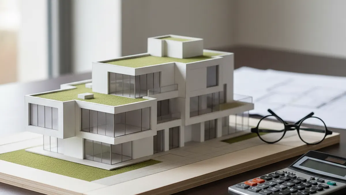 Architekturmodell eines modernen Wohnhauses auf einem Schreibtisch, das die Planung einer Immobilien-GmbH symbolisiert.