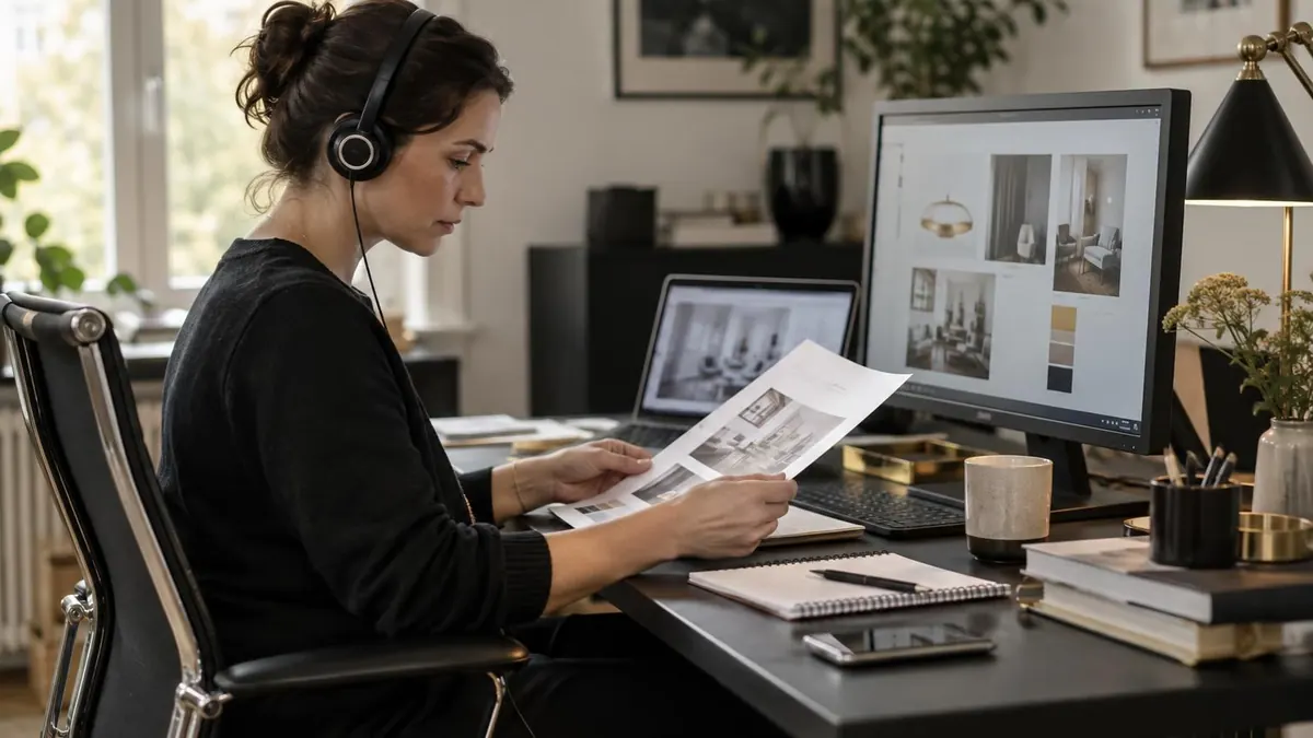 Fachkraft prüft einen Layoutentwurf am ergonomischen Heimarbeitsplatz mit Laptop, Monitor und Headset.
