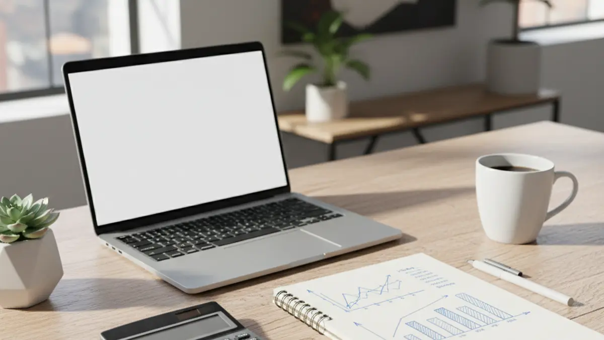 Ein Schreibtisch mit Laptop, Taschenrechner und Notizblock symbolisiert die Finanzplanung und die Berechnung von Steuerfreibeträgen für ein Kleingewerbe.
