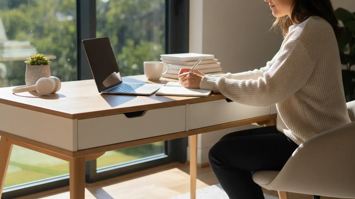 Eine Person plant am heimischen Schreibtisch mit Laptop und Notizbuch Ideen für ein Kleingewerbe als Nebenerwerb.