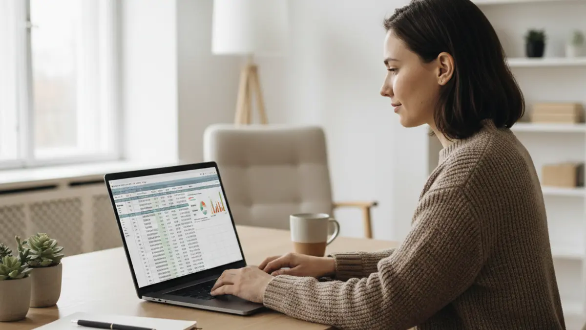 Eine Selbstständige sitzt am Schreibtisch und prüft am Laptop eine Liquiditätsplan-Vorlage, um den Cashflow ihres Unternehmens zu planen.