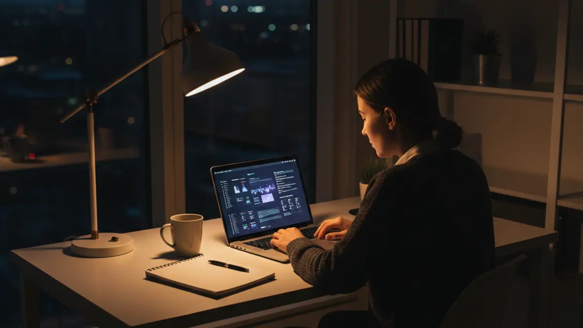 Person arbeitet abends am Laptop an einem Schreibtisch, um nebenbei Geld zu verdienen, ohne eine Anmeldung zu haben.