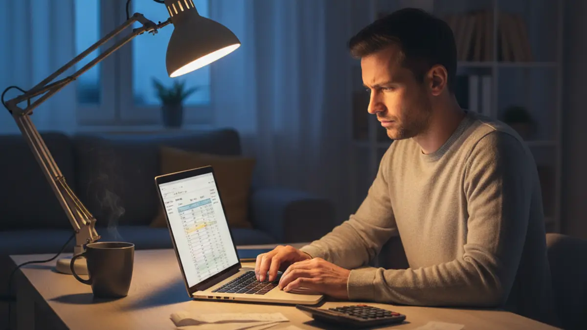 Eine Person sitzt am Schreibtisch und arbeitet am Laptop an den Steuern für ihr Nebengewerbe, daneben liegen Belege und ein Taschenrechner.