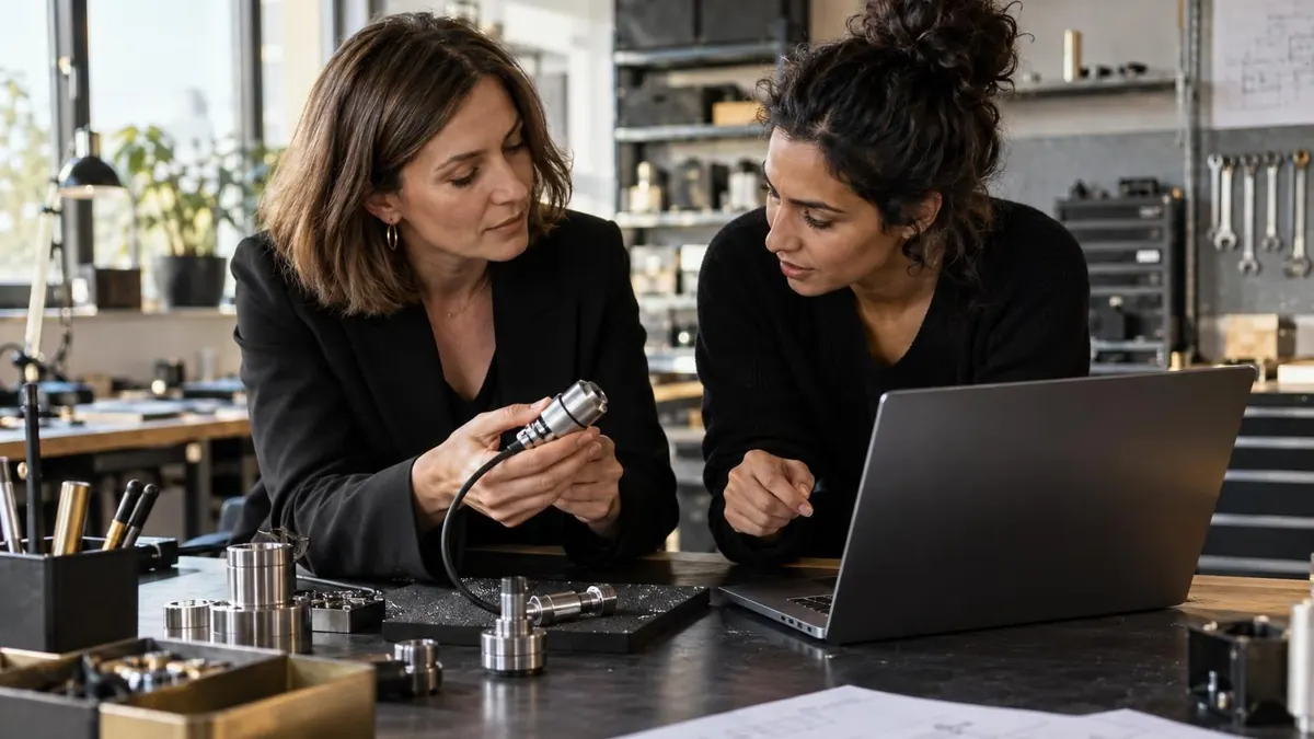 Gründerin und technische Beraterin prüfen einen Sensorprototyp an einem Arbeitstisch in einer Werkstatt.