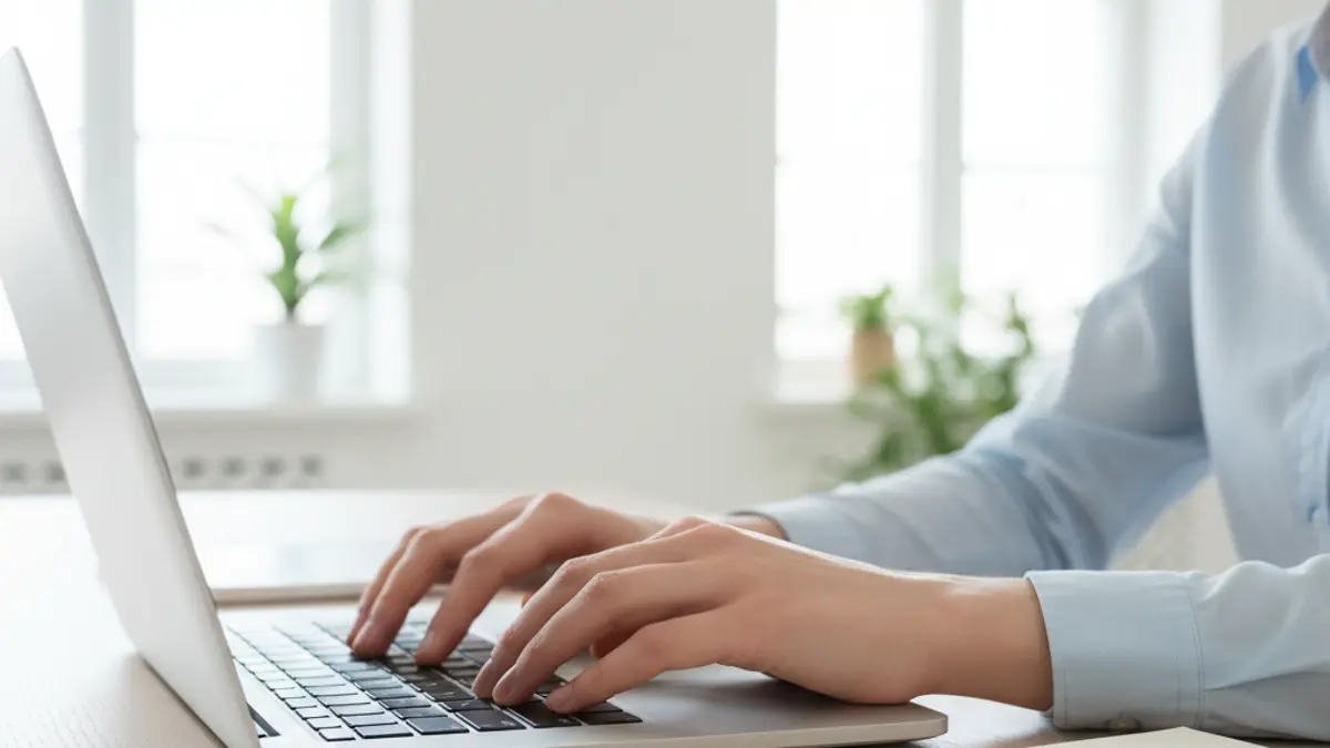 Eine Person arbeitet am Laptop an einem aufgeräumten Schreibtisch, Symbol für die Organisation in der Selbstständigkeit.