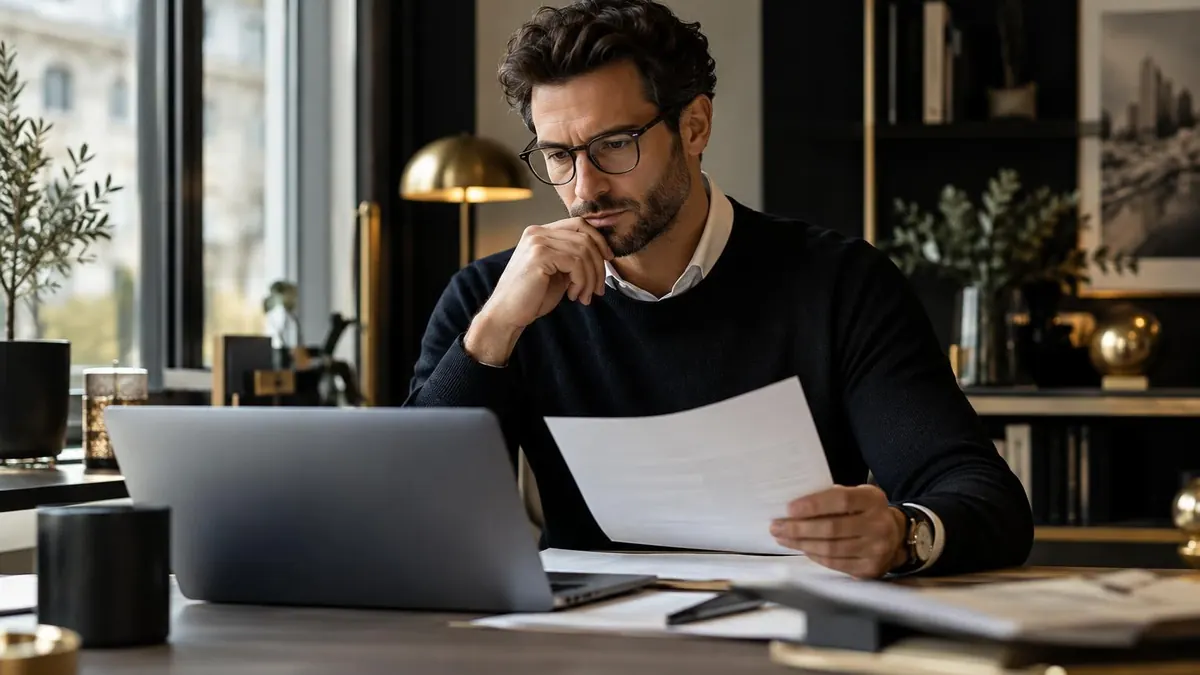 Fachkraft prüft einen Arbeitsvertrag am Schreibtisch im häuslichen Arbeitszimmer neben einem Laptop.