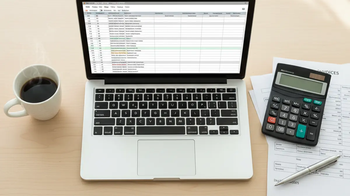 Schreibtisch mit Laptop, Rechnungen und Taschenrechner zur Vorbereitung der Umsatzsteuervoranmeldung für Selbstständige.