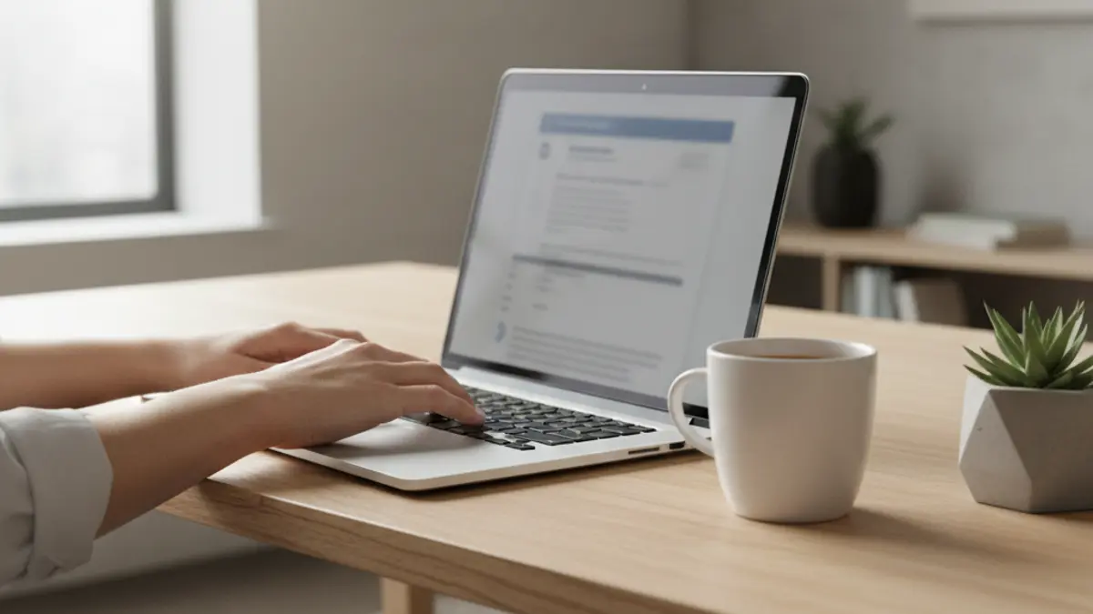 Selbstständige Person beantragt am Laptop online die Umsatzsteuer-Identifikationsnummer beim Bundeszentralamt für Steuern.